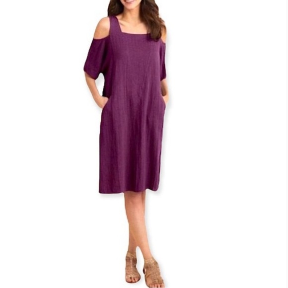 Soft Surroundings Women’s Large Purple Linen Blend Cold Shoulder Dress Pockets - Picture 1 of 9